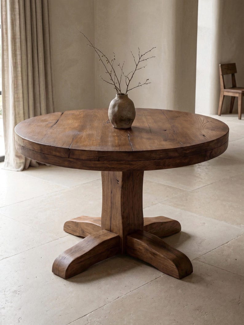 May include: A round, dark brown wooden dining table with a thick, circular top and a sturdy pedestal base featuring four wide, extending feet. A small, textured, light brown ceramic vase containing thin, bare branches sits in the center.