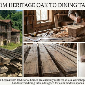 May include: A collage showing the transformation of reclaimed oak beams into a round dining table. The text reads FROM HERITAGE OAK TO DINING TABLE and Reclaimed oak beams from traditional homes are carefully restored in our workshop and reborn as handcrafted dining tables designed for calm modern spaces.