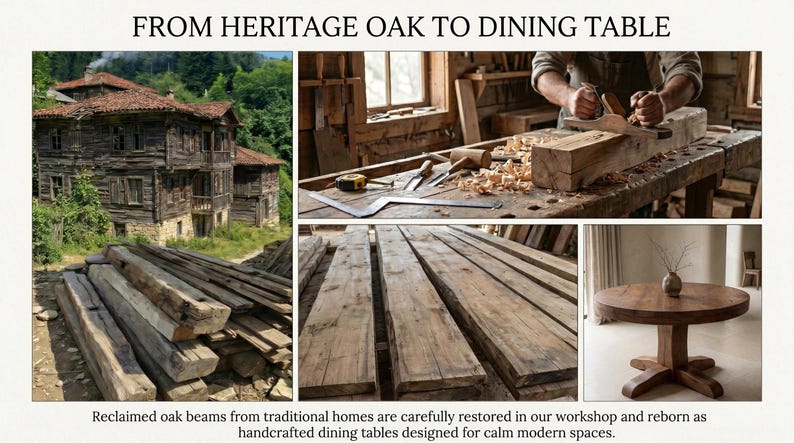 May include: A collage showing the transformation of reclaimed oak beams into a round dining table. The text reads FROM HERITAGE OAK TO DINING TABLE and Reclaimed oak beams from traditional homes are carefully restored in our workshop and reborn as handcrafted dining tables designed for calm modern spaces.