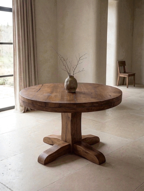 Round Reclaimed Oak Dining Table, Wabi Sabi Pedestal Table, Handcrafted Heritage Wood