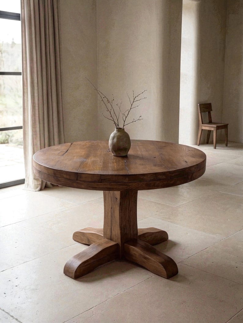 May include: A round, dark brown wooden dining table with a thick, circular top and a sturdy central pedestal base featuring four curved feet. A small, textured, light brown ceramic vase containing thin, bare branches sits on the table surface.