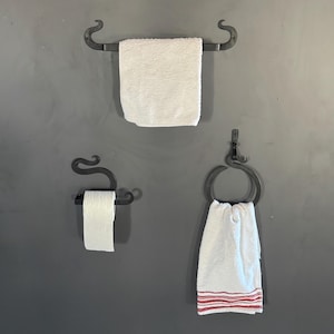 Rustic Wrought Iron Bathroom Set: Towel Rack, Metal Towel Ring & Toilet Roll Holder - Farmhouse Storage Decor