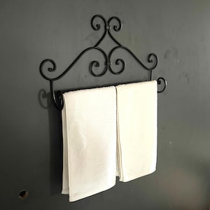 Farmhouse Wrought Iron Towel Holder - Rustic Bathroom Wall Organizer Hand Towel Rack