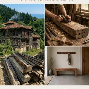 May include: A collage showing a rustic wooden house, a person using a hand plane on a large oak beam, and a finished rectangular oak bench placed against a wall. Text reads: FROM HERITAGE OAK TO ORGANIC MODERN BENCH and Reclaimed oak beams from traditional homes are carefully restored in our workshop and reborn as handcrafted benches designed for calm modern living spaces.