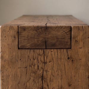 May include: A rectangular wooden bench crafted from a single large timber beam with a visible end grain pattern on the top surface. The wood features a natural brown tone with prominent grain textures, deep fissures, and a weathered, rustic appearance.