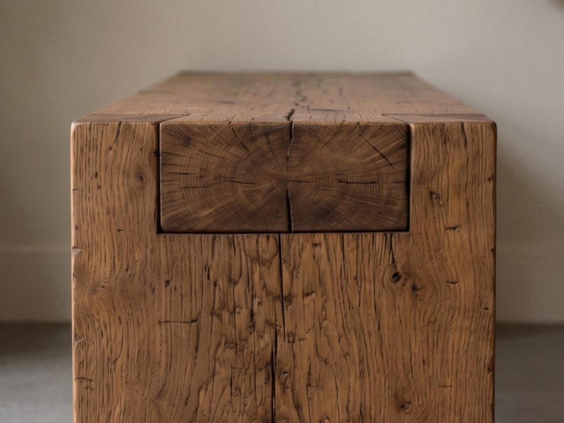 May include: A rectangular wooden bench crafted from a single large timber beam with a visible end grain pattern on the top surface. The wood features a natural brown tone with prominent grain textures, deep fissures, and a weathered, rustic appearance.