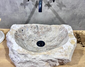 Lavandino in pietra di fiume naturale, mobiletto per bagno rustico, lavabo da appoggio fatto a mano