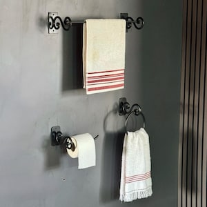 Conjunto de banheiro forjado à mão - Barra de toalha de ferro forjado, anel de toalha de mão, suporte de papel higiênico para montagem na parede, conjunto de acessórios de banheiro de 3