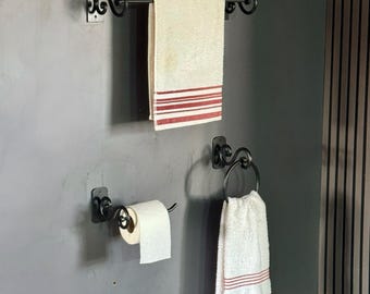 Hand Forged Bathroom Set- Wrought Iron Towel Bar, Hand Towel Ring, Toilet Paper Holder Wall Mount, Bathroom Accessories Set of 3
