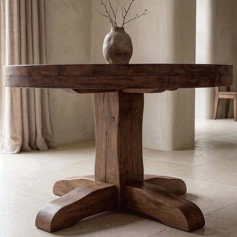 May include: A round, dark brown wooden dining table with a thick central pedestal base and four wide, curved feet. A textured, light-colored ceramic vase containing thin, bare branches sits in the center of the tabletop surface.