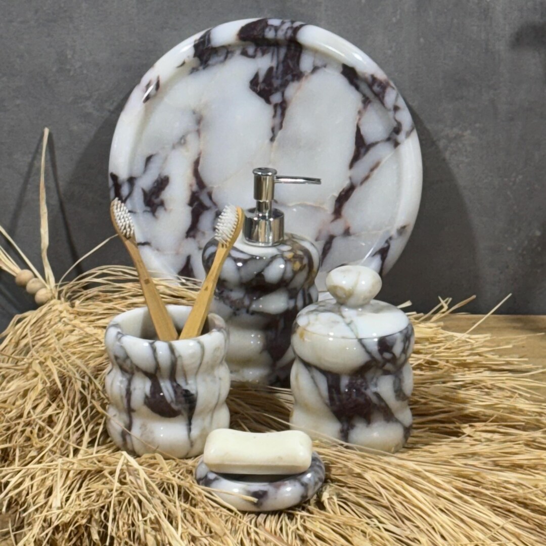 Unique Marble Bathroom Accessories Set of 5, Stone Toothbrush Holder ...