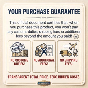 May include: A square informational sign with a cream background and dark blue text titled YOUR PURCHASE GUARANTEE. It features three icons representing no customs duties, no additional fees, and no shipping fees, with the text TRANSPARENT TOTAL PRICE. ZERO HIDDEN COSTS. at the bottom.