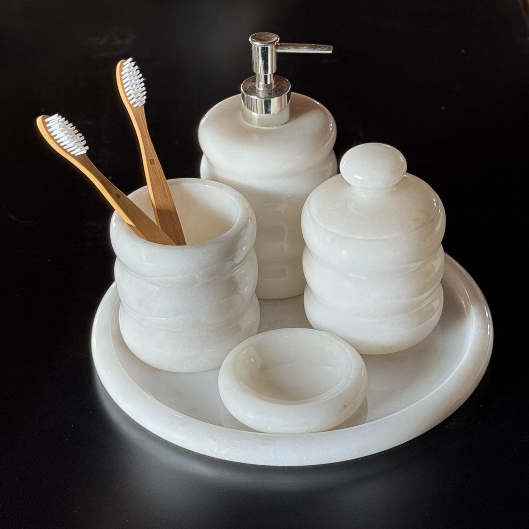Carrara White Bathroom Set Marble Unique Toothbrush Holder, Stone Soap