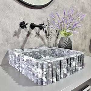 Minimalist Marble Sink, Gray Natural Marble Sink, Grooved Front, Elegant Hand Carved Sink, Unique Gray Modern Vessel Sink,Luxury Square Sink