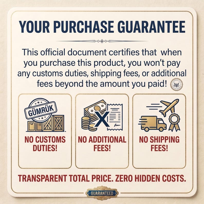 May include: A square informational sign with a cream background and dark blue text titled YOUR PURCHASE GUARANTEE. It features three sections with icons representing no customs duties, no additional fees, and no shipping fees, ending with the text TRANSPARENT TOTAL PRICE. ZERO HIDDEN COSTS.