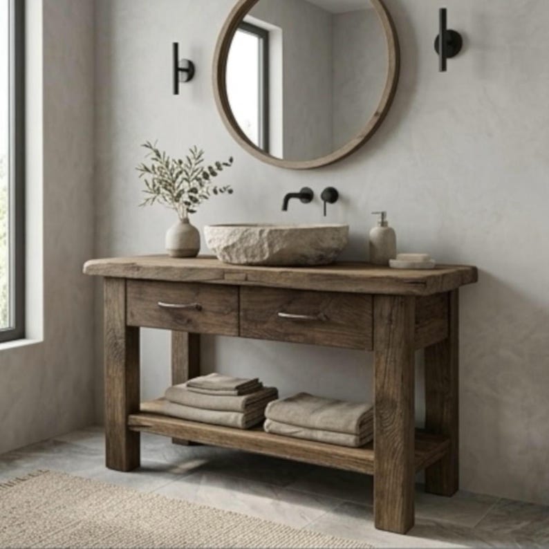 Reclaimed Oak Barnwood Bathroom Vanity – Handcrafted Rustic Farmhouse Vanity Cabinet image 1