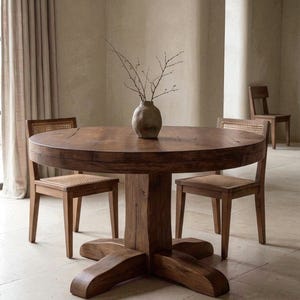 May include: A round, dark brown wooden dining table with a thick central pedestal base and four sturdy feet, accompanied by two wooden chairs featuring woven cane seats and backrests, with a small, textured ceramic vase holding thin branches.