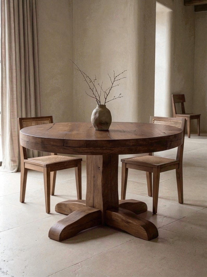 May include: A round, dark brown wooden dining table with a thick central pedestal base and four sturdy feet, accompanied by two wooden chairs featuring woven cane seats and backrests, with a small, textured ceramic vase holding thin branches.