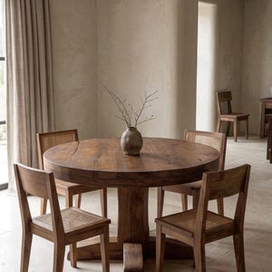 May include: A round wooden dining table with a thick pedestal base and four matching wooden chairs featuring woven cane seats and backrests. A small, textured ceramic vase containing thin, bare branches sits in the center of the table.