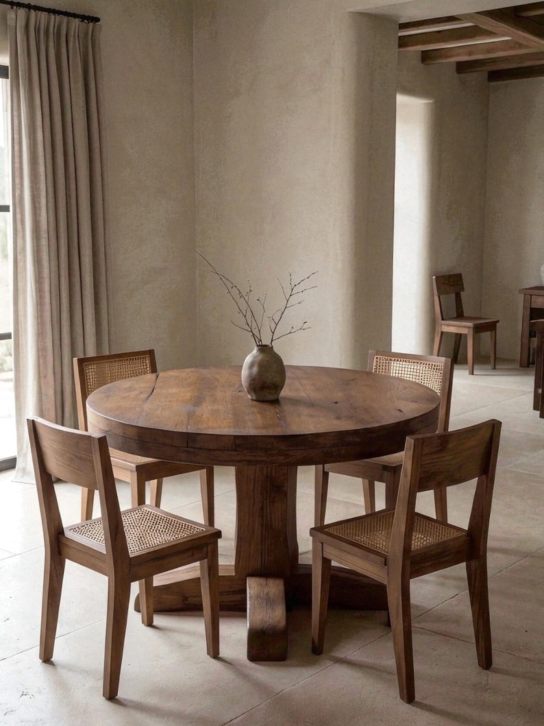 May include: A round wooden dining table with a thick pedestal base and four matching wooden chairs featuring woven cane seats and backrests. A small, textured ceramic vase containing thin, bare branches sits in the center of the table.