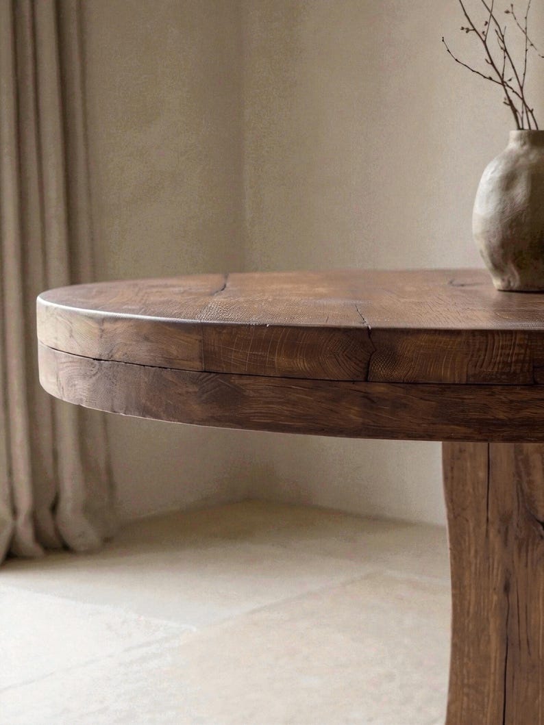 Round Reclaimed Oak Dining Table, Wabi Sabi Pedestal Table, Handcrafted Heritage Wood image 3