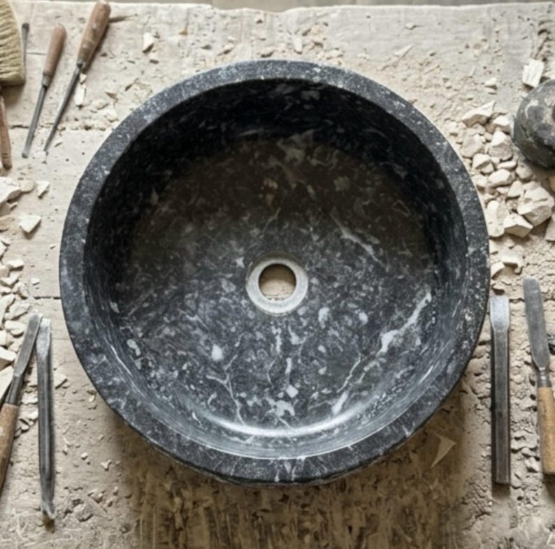 Hand Carved Marble Vessel Sink – Organic Modern Stone Basin image 7