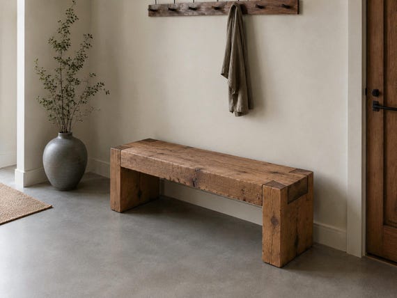 Chunky Reclaimed Oak Bench, Organic Modern Entryway Seat for Quiet Luxury Homes Decor
