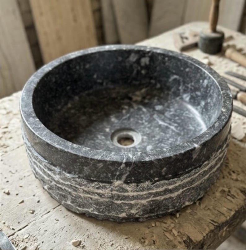 Hand Carved Marble Vessel Sink – Organic Modern Stone Basin image 4