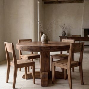 May include: A round wooden dining table with a thick pedestal base and four matching wooden chairs featuring woven cane seats. A light-colored, textured ceramic vase containing thin, bare branches sits in the center of the table surface.
