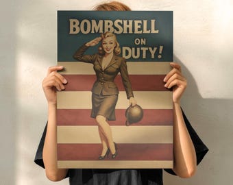 Bombshell Pin-Up Poster: Vintage Military Art, Retro Americana Wall Decor, 1940s Pinup Girl Print
