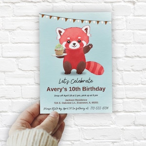 Uitnodigingssjabloon rode panda, bewerkbare afdrukbare verjaardagskaart, schattige dieren uitnodigen, Instant Download voor Kid verjaardagsviering RSVP