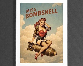 Miss Bombshell Vintage Pin-Up Poster | WWII Style | 1940s Aviation Art | Retro Pinup