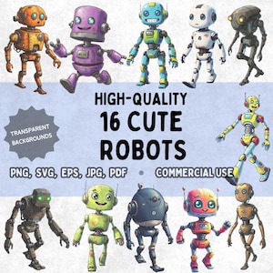 Cute Robot Clipart Bundle | 16 Adorable Robots Png Svg Jpg Pdf for Stickers, Cricut, Kids Crafts | Commercial Printable Robot Art for Kids