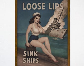Loose Lips Sink Ships Poster, WWII Pin Up Navy Wall Art, Vintage Sailor Military Propaganda Print