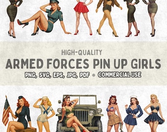 Armed Forces Pin Up Girls Clipart Bundle | Military Retro Pinup Women Png Svg Jpg Pdf | WWII Style Vintage Illustrations | Commercial Use