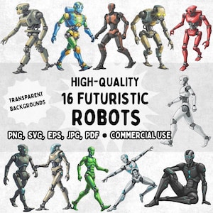 Futuristic Robot Illustrations. 16 Robotic Images. Png, Svg, Eps, Jpg, Pdf. FULL BODY Robots Android Clipart DOWNLOAD with Commercial Use.