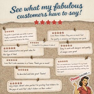 May include: A corkboard displays customer reviews with star ratings. The text reads "See what my fabulous customers have to say!" and includes positive feedback about the product quality, communication, and value. A vintage pinup girl illustration is in the bottom right.