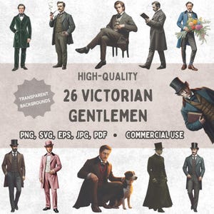 Victoriaanse Gentleman-clipartbundel | 26 vintage mannen Png Svg Jpg Pdf voor ongewenste tijdschriften, antieke mannelijke ephemera & ambachten | Commercieel gebruik