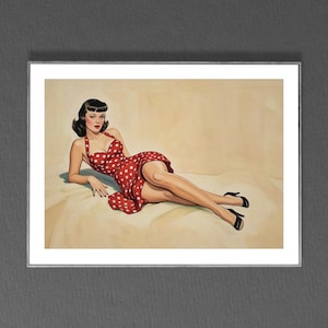 Vintage Pin Up Poster Print, Red Polka Dot Dress Wall Art, Retro Bombshell Decor