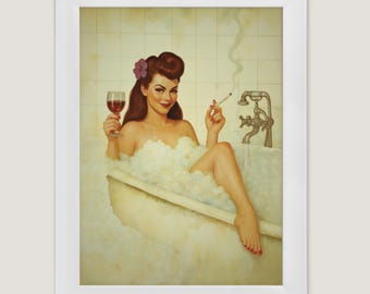 Retro Bubble Bath Pin-up Art Print with Wine and Cigarette Vintage Wall Decor