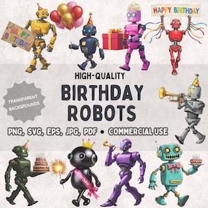 Birthday Robot Clipart Bundle: Party Decorations, Invitations (Commercial Use)