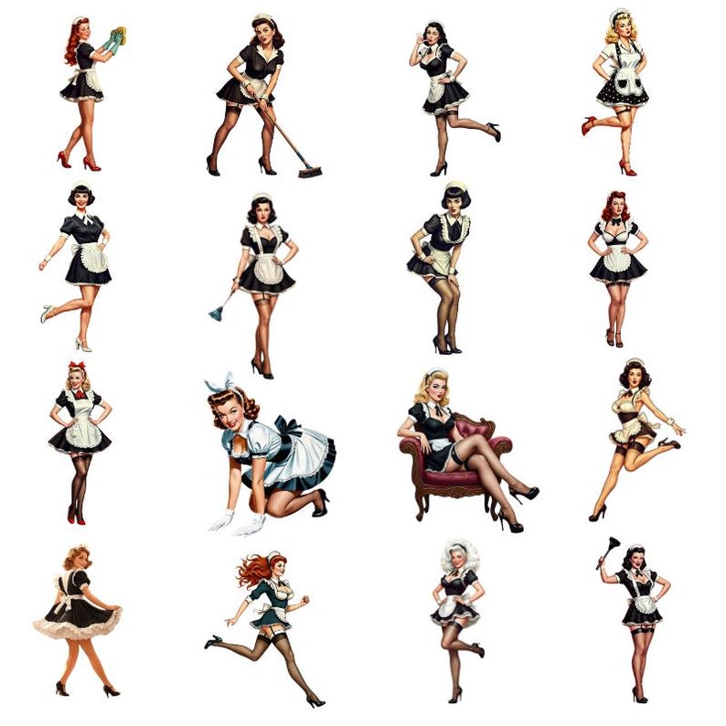 French Maid Pin up Illustrations, Vintage Clipart With Feather Dusters ...
