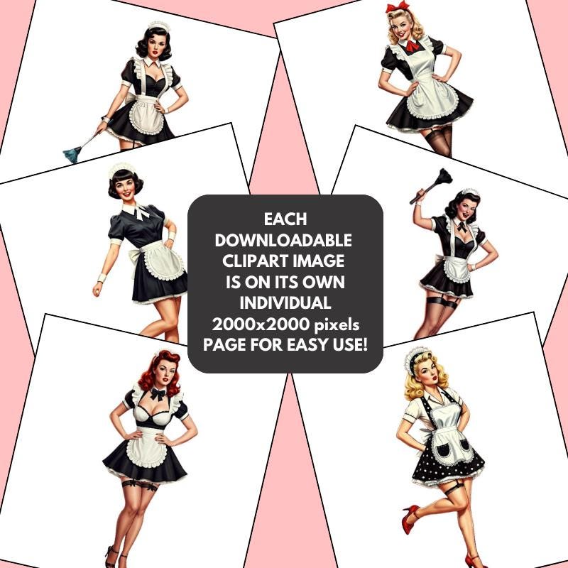 French Maid Pinups Vintage Illustrations. 16 Retro FULL BODY Images ...