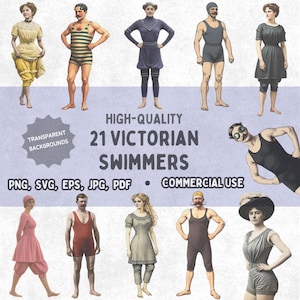 Victoriaanse zwemmers 1800s badkledingbundel. 21 individuele vintage FULL BODY-afbeeldingen. Png, Svg, Eps, Jpg, Pdf Seaside DOWNLOADS. Commercieel gebruik