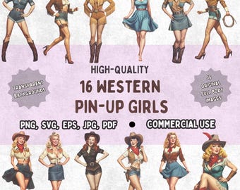 Pin-Up Western Cowgirl Vintage Illustrations. 16 FULL BODY Images. Png, Svg, Eps, Jpg, Pdf DOWNLOAD Clipart. Commercial Use Pinups Wild West
