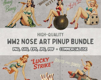 Może przedstawiać: Pakiet grafiki cyfrowej w stylu vintage z ilustracjami pin-up z nosa z II wojny światowej. Obrazy przedstawiają kobiety w strojach retro z tekstami takimi jak "Honey Bunny", "Boom Boom Betty" i "Lucky Strike". Pakiet zawiera formaty PNG, SVG, EPS, JPG i PDF.