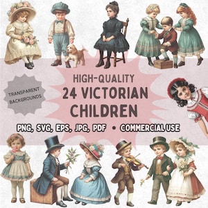 Victoriaanse kinder clipartbundel | 24 vintage kinderen Png Svg Jpg Pdf | Antieke ephemera voor junkjournals, scrapbooking, ambachten | Commercieel