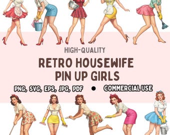 Housewife Pin-Up Girl Illustrations. 10 Images, Png, Svg Clipart, Classic Domestic Housewives Commercial Use
