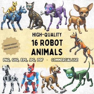 Ilustraciones de gatos y perros robot. 20 imágenes de droides animales de cuerpo completo (PNG, SVG, EPS, JPG, PDF) DESCARGAR. Mascotas robóticas para uso comercial.