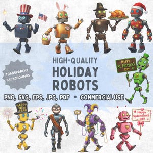 Ilustrações de robôs de férias. 9 Personagens de clipart de droid de corpo inteiro para St. Patrick's, Páscoa, Mardi Gras, 4 de julho, etc. Robôs de uso comercial